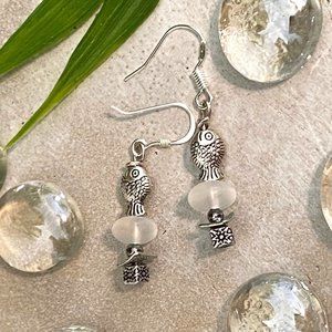 3/$25 Beachy Silver Fish and Frosted Glass Bead Earrings